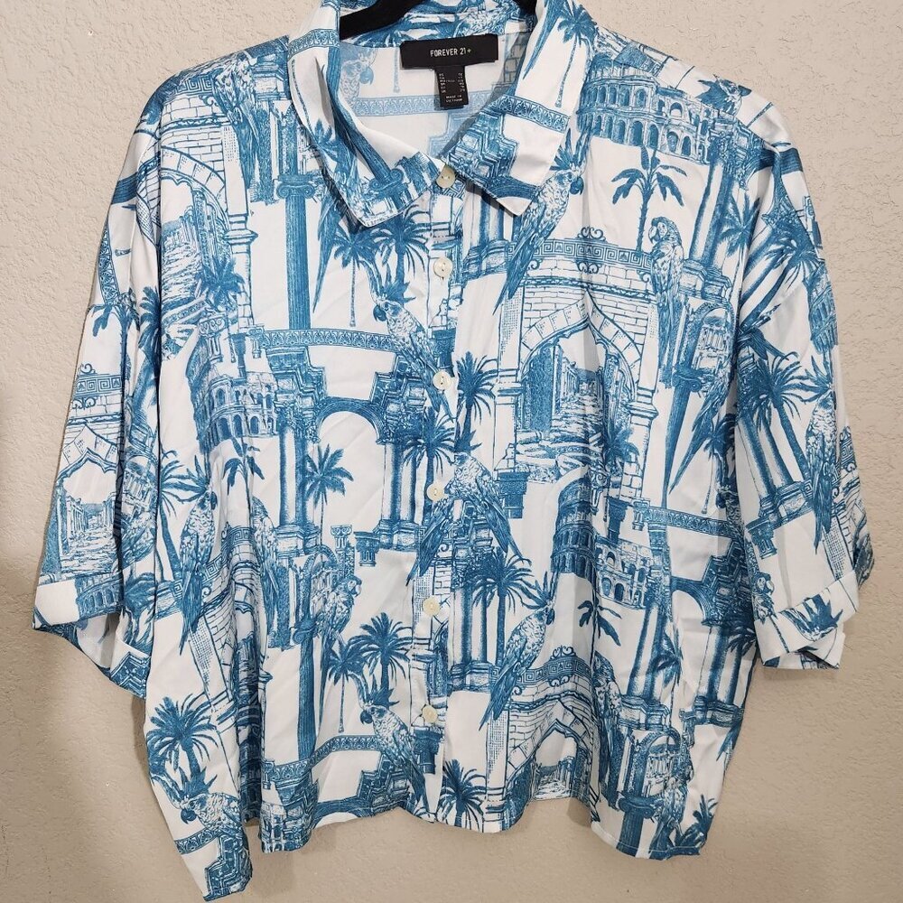Forever 21 Top Womens Blue & White Architectural Tropical Button Blouse 1X